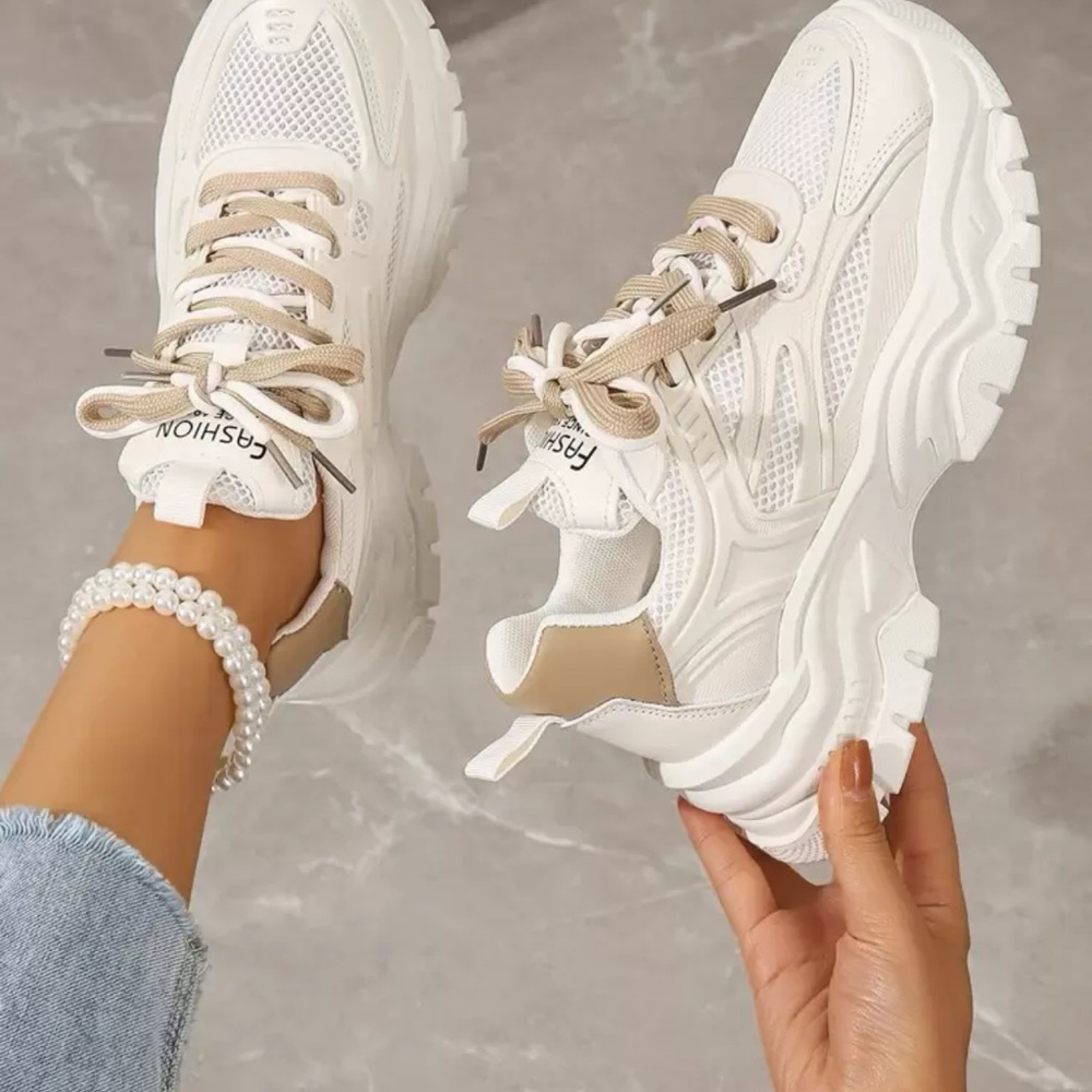 Women's White and Tan Sneakers